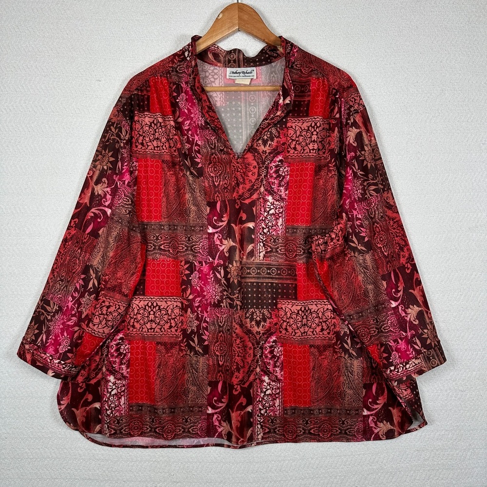 Vintage 3X‎ Anthony Richards Top MuuMuu Peasant Blouse Red Paisley Floral Collar